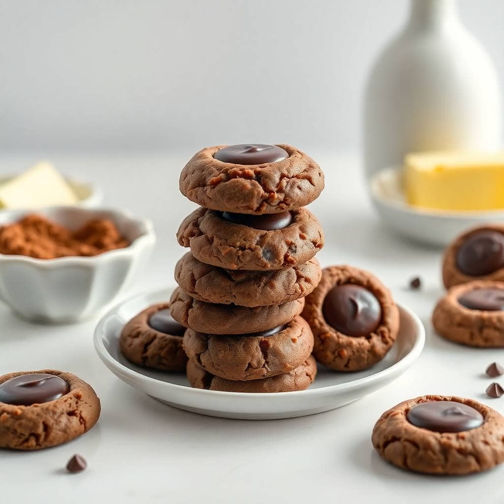 Stacked chocolate thumbprint cookies on a white plate with cocoa powder and baking ingredients nearby.