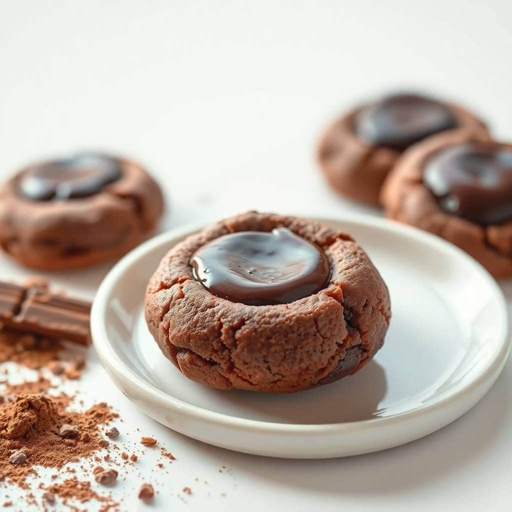 Chocolate thumbprint cookies with ganache centers on white plates, dusted with cocoa powder.