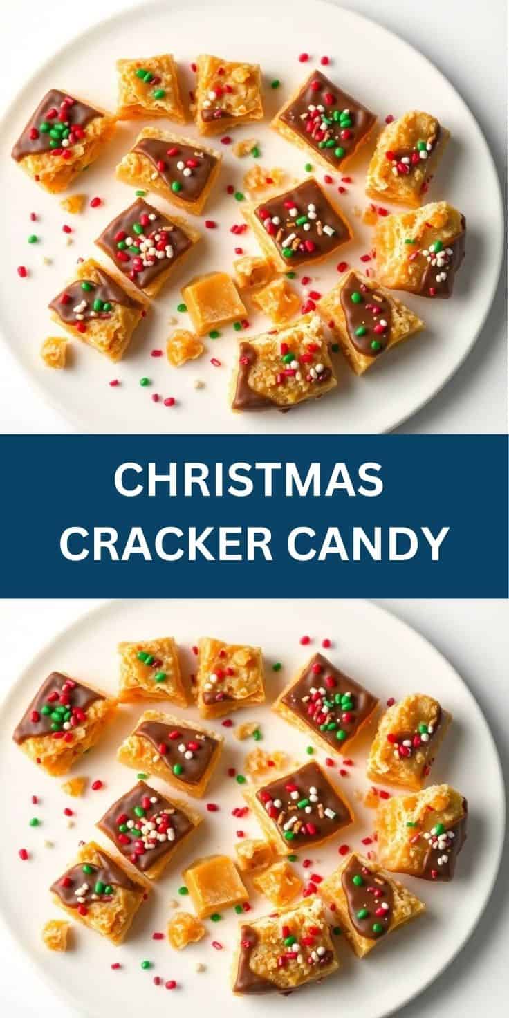 Christmas cracker candy with chocolate coating and colorful sprinkles arranged on white plate.