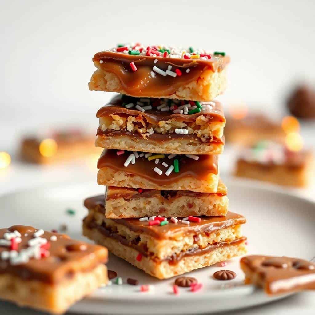 Stacked caramel candy bars topped with colorful sprinkles on white plate, Christmas treat.
