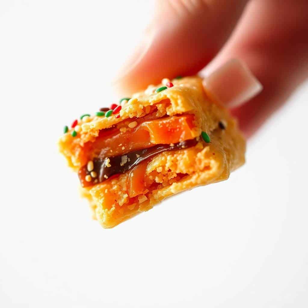 Hand holding golden Christmas cracker candy with red filling and green sprinkle garnish against white background.