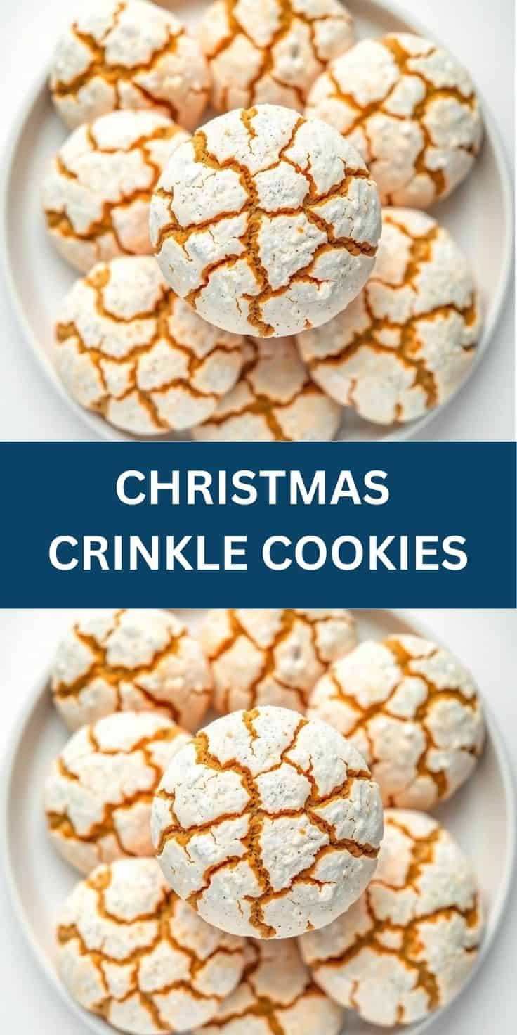 Christmas crinkle cookies with white powdered sugar coating and golden-brown cracked surface on white plate.
