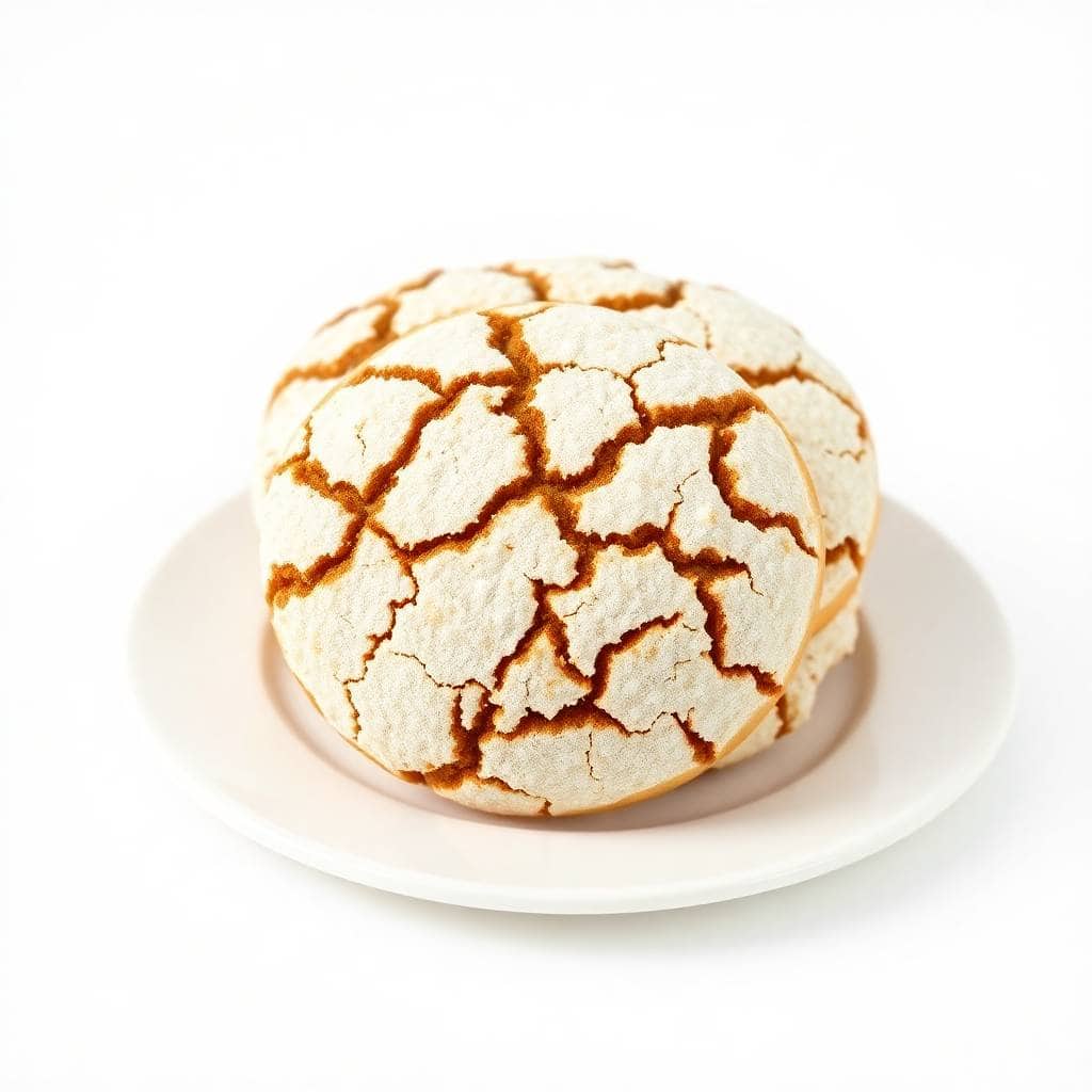 Christmas crinkle cookie with white powdered sugar coating and deep brown cracks on white plate.