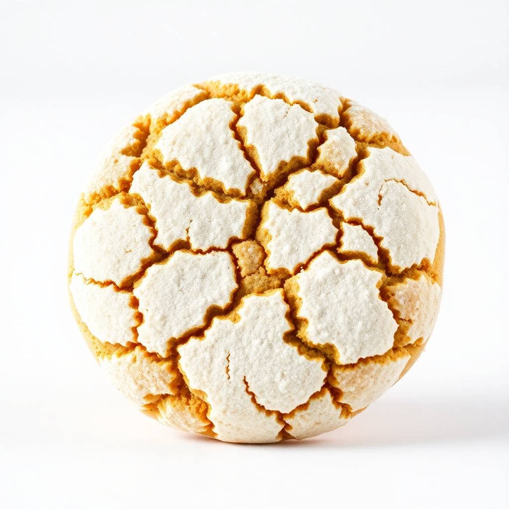 Christmas crinkle cookie with white powdered sugar coating and golden-brown cracked surface on white background.