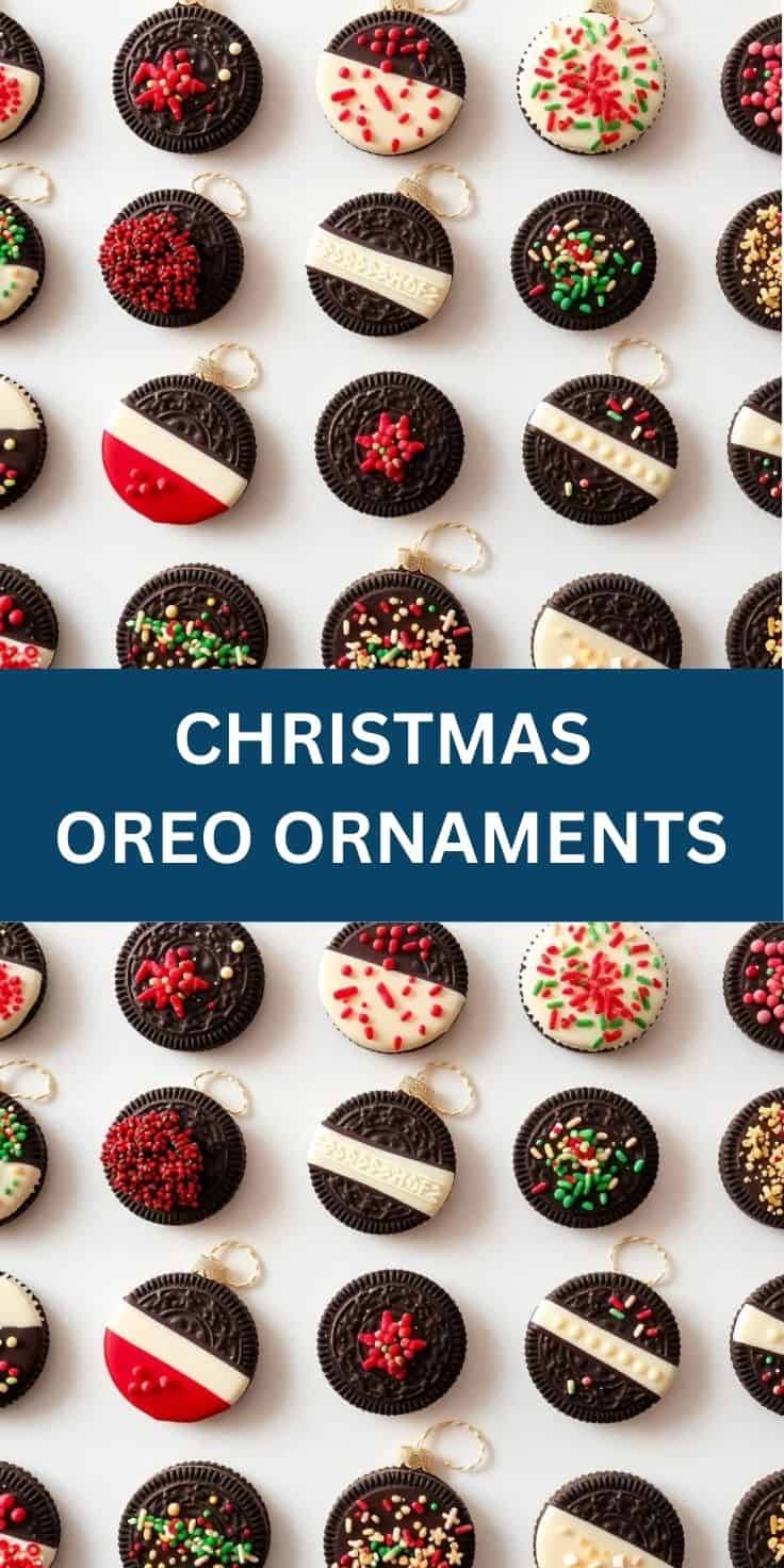 Decorated Christmas Oreo ornaments with white chocolate, red candy, sprinkles, and gold accents arranged on white background.