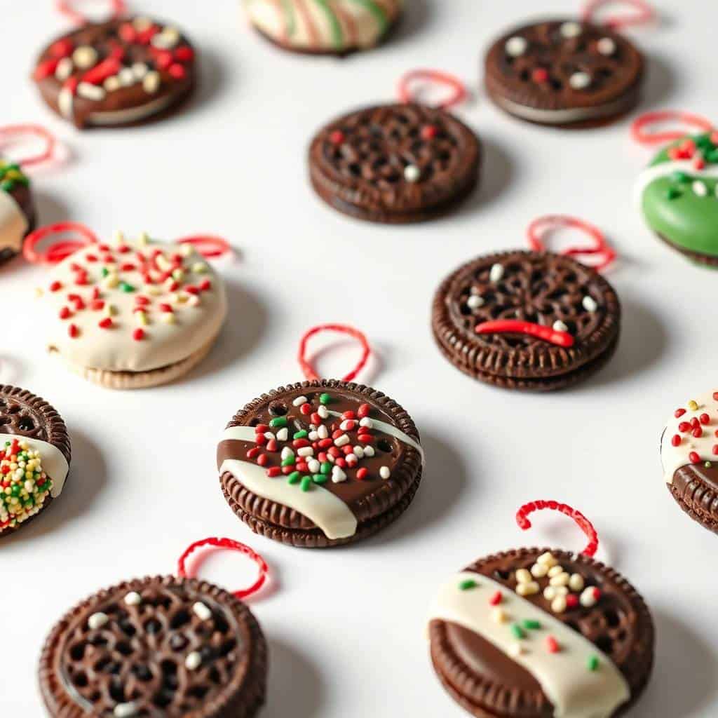 Decorated chocolate Oreo ornaments with white frosting, colorful sprinkles, and red candy cane handles on white background.