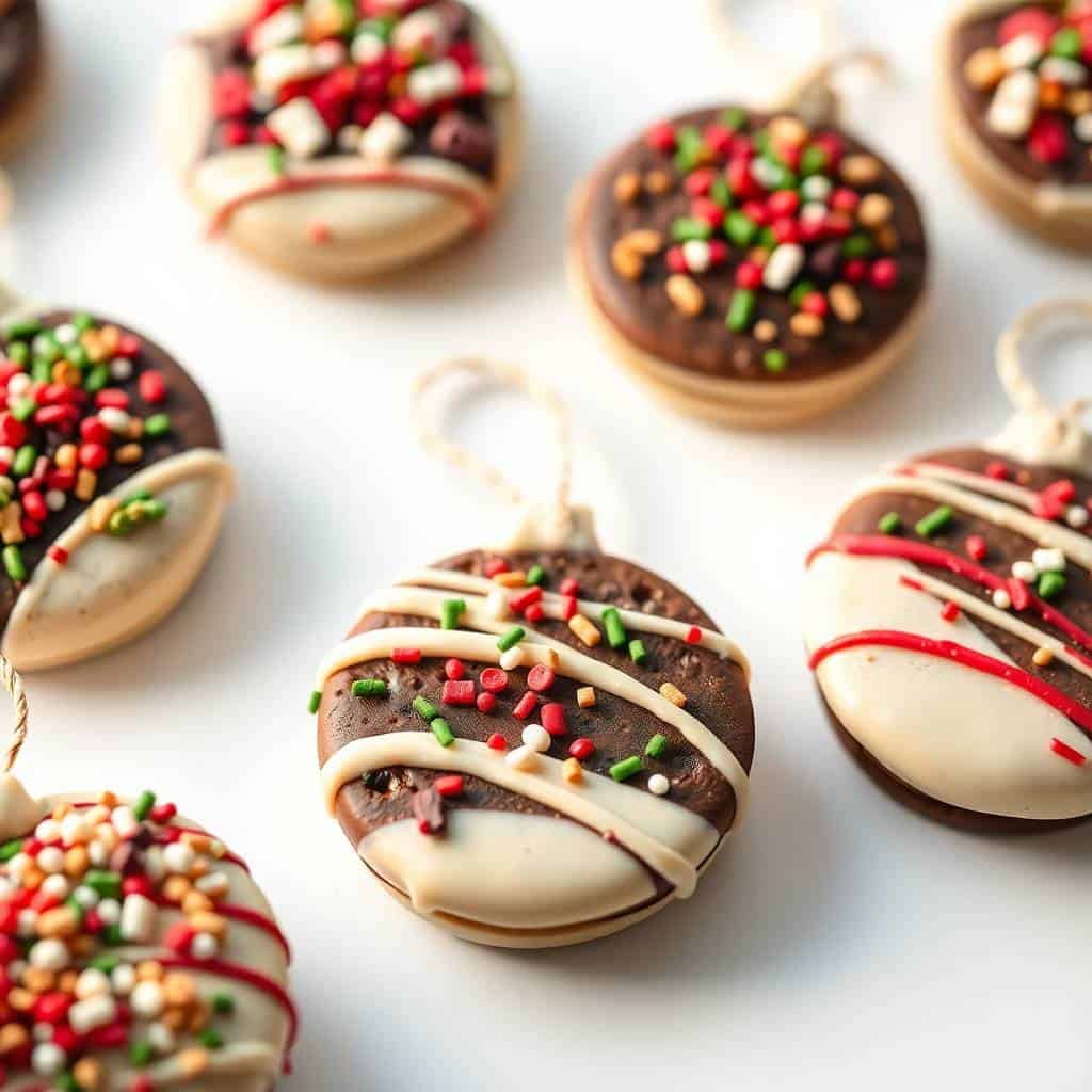 Chocolate-dipped Oreo ornaments decorated with white icing drizzles and colorful sprinkles on white surface.