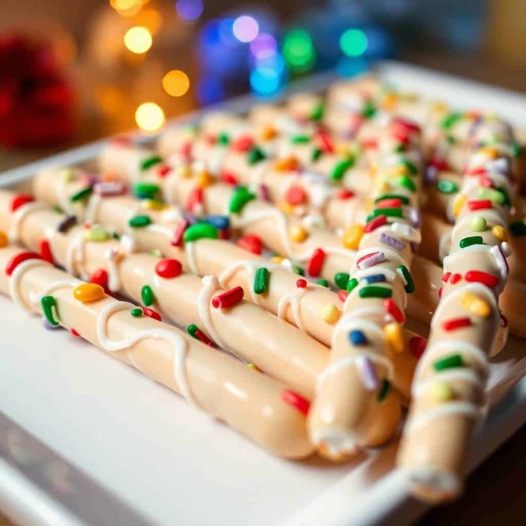 White chocolate-coated pretzel rods topped with colorful sprinkles arranged on white plate with holiday lights.