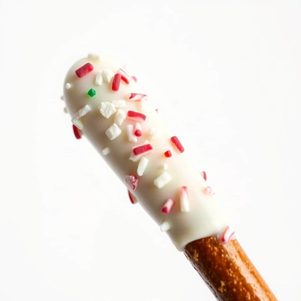 White chocolate-dipped pretzel rod with red and white candy pieces and green sprinkles against white background.