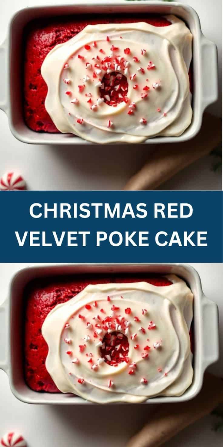 Christmas Red Velvet Poke Cake in white baking dish topped with whipped cream and crushed candy canes.