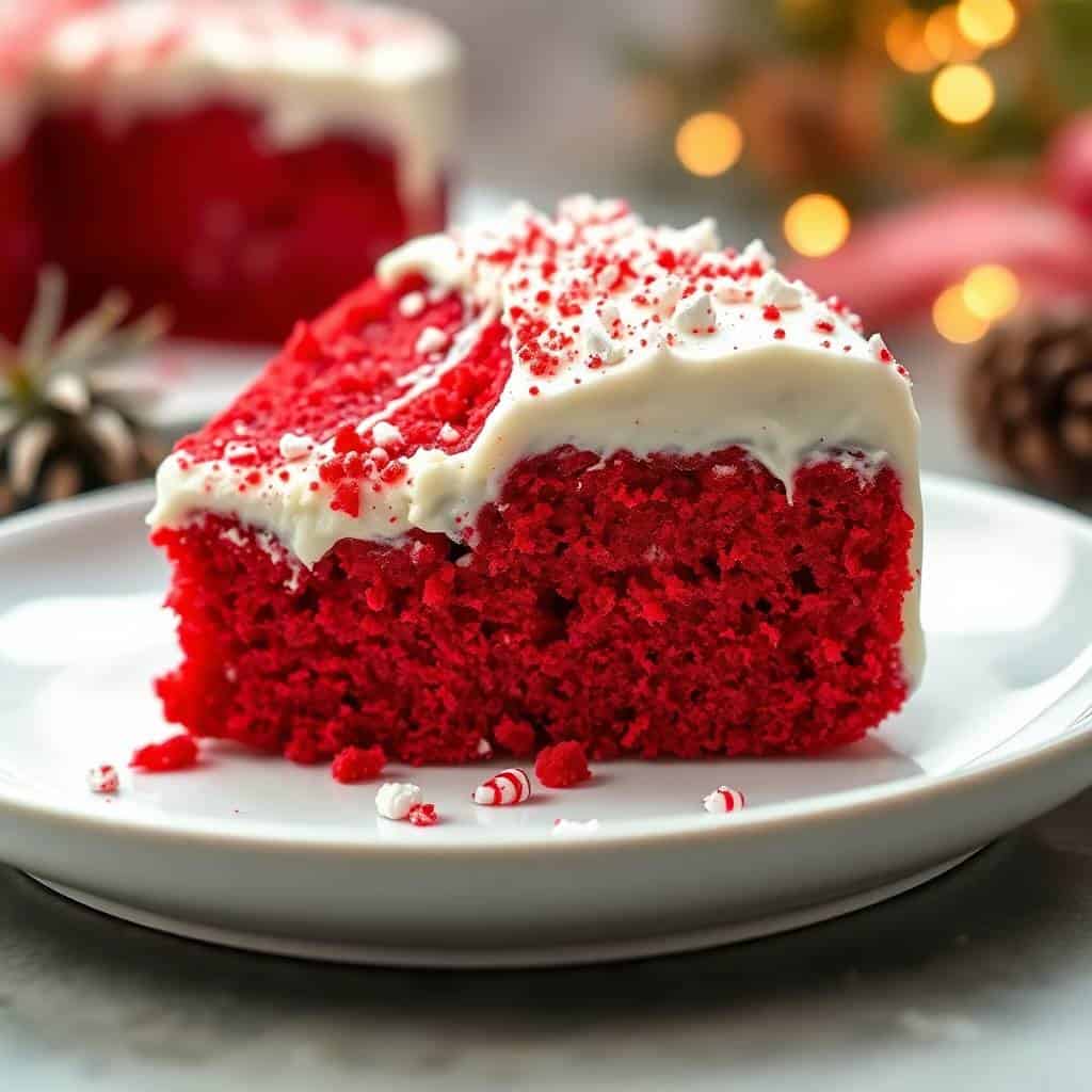 Red velvet cake slice with white frosting and red sprinkles on white plate, festive holiday setting.
