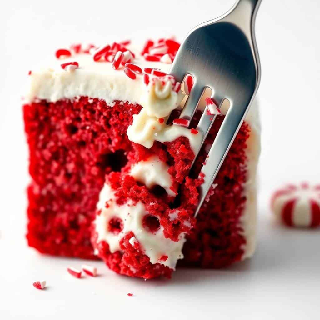 Red velvet poke cake with white frosting and red sprinkles, with a fork taking a bite.