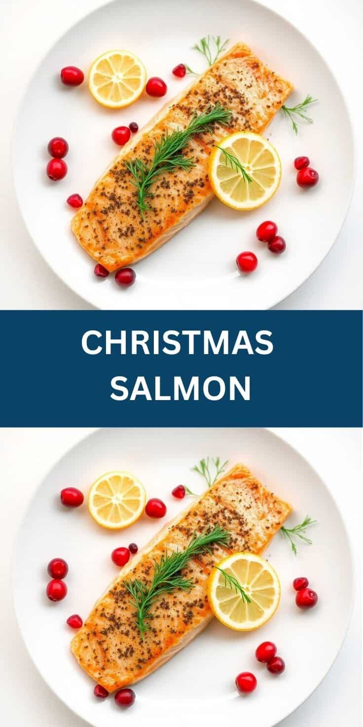 Roasted salmon fillet on white plate garnished with lemon slices, rosemary, and red berries.