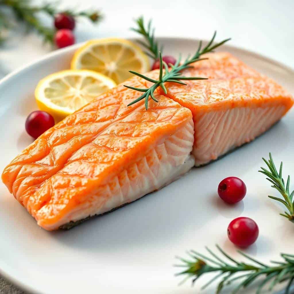Cooked salmon fillets garnished with lemon slices, rosemary, and cranberries on white plate.