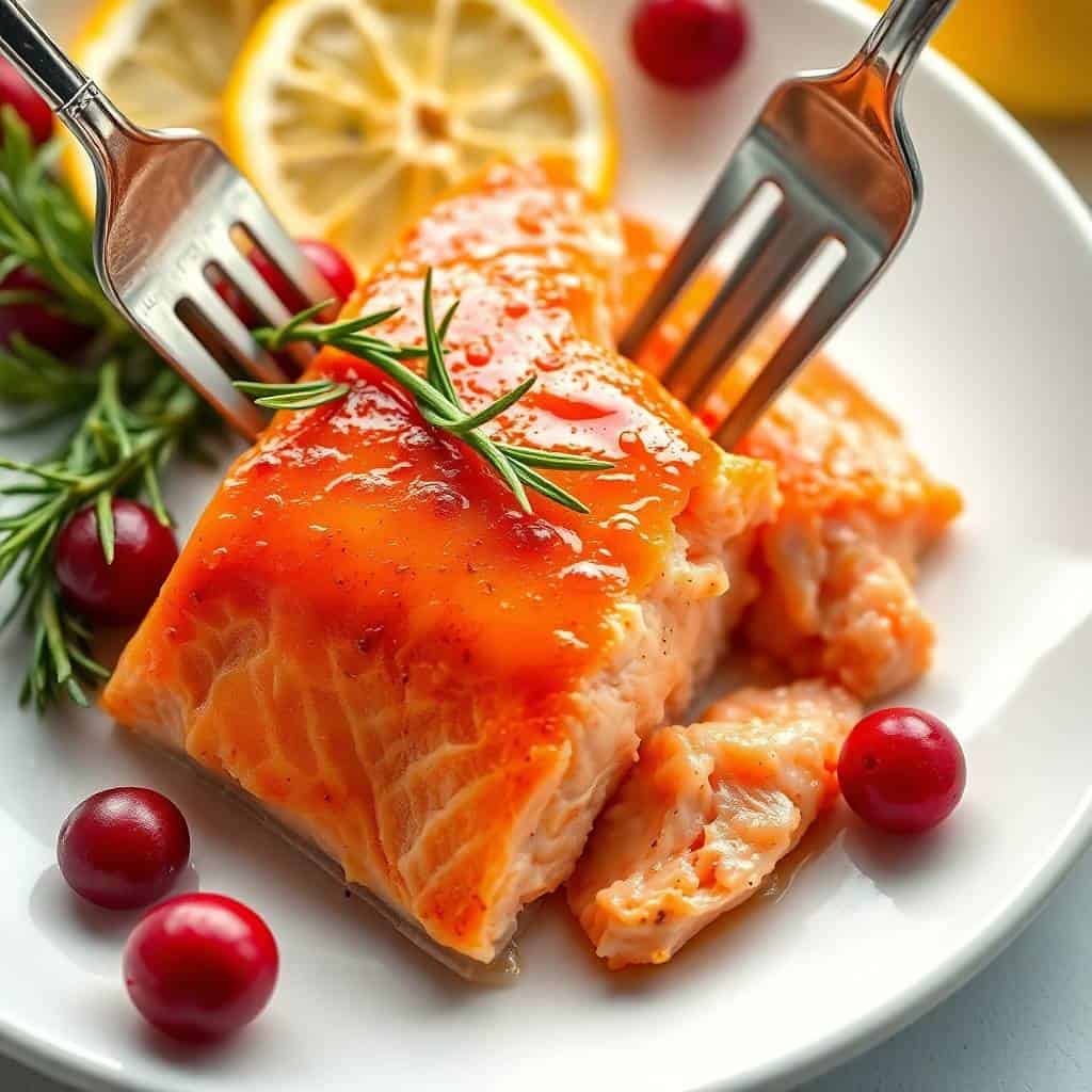 Glazed salmon fillet with rosemary garnish, red berries, and lemon slices on white plate.
