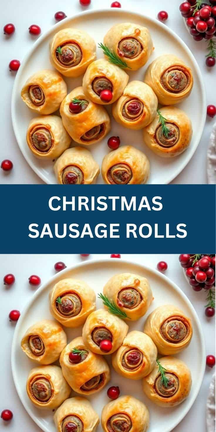 Golden Christmas sausage rolls with cranberries and rosemary garnish on white plate.
