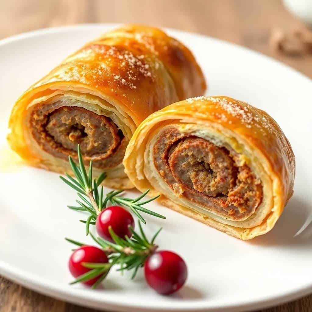 Two golden sausage rolls on white plate, garnished with rosemary sprigs and cranberries.