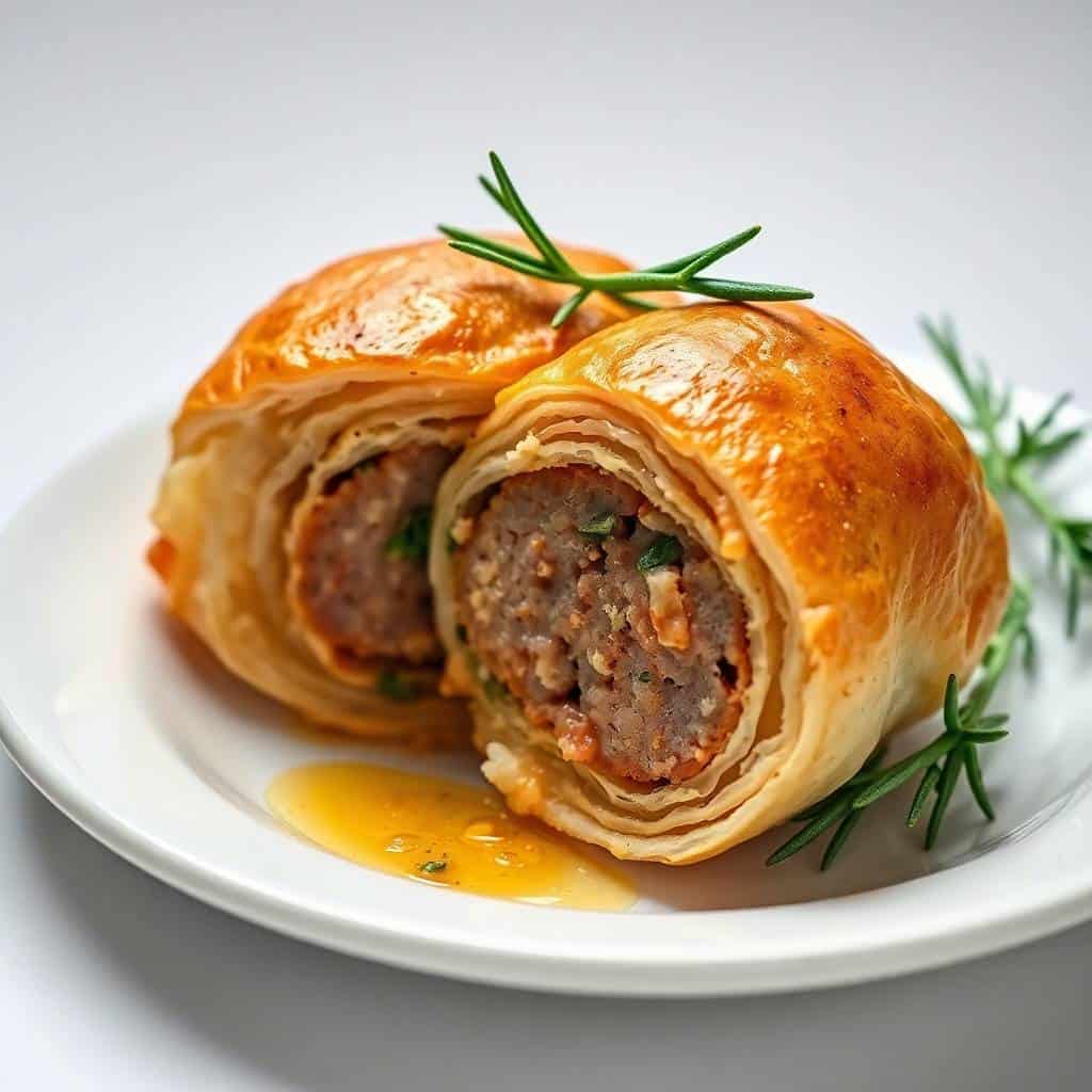 Golden baked sausage rolls halved on white plate with rosemary garnish and pan juices.