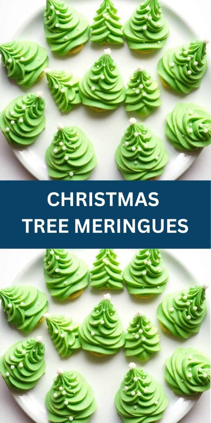 Green piped meringue Christmas trees with white pearl decorations arranged on a white plate.