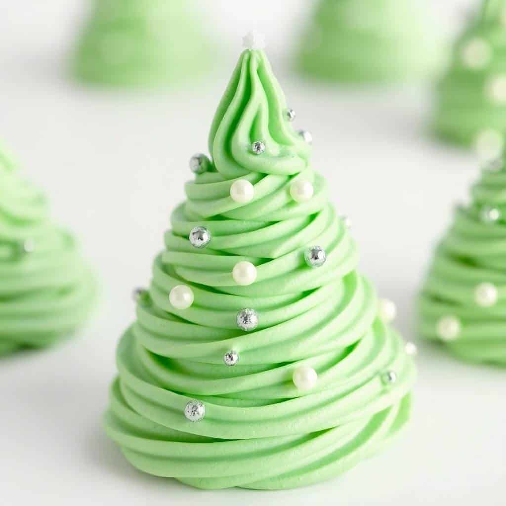 Green Christmas tree meringue piped with swirls, decorated with white pearl and silver ball garnishes.