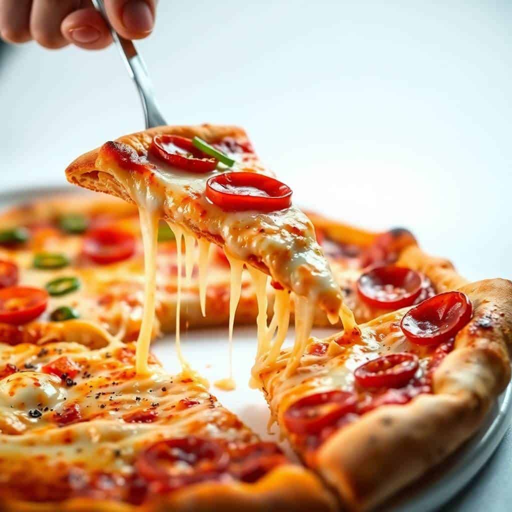 A slice of pepperoni pizza with melted cheese stretching away, garnished with red peppers and green onions.