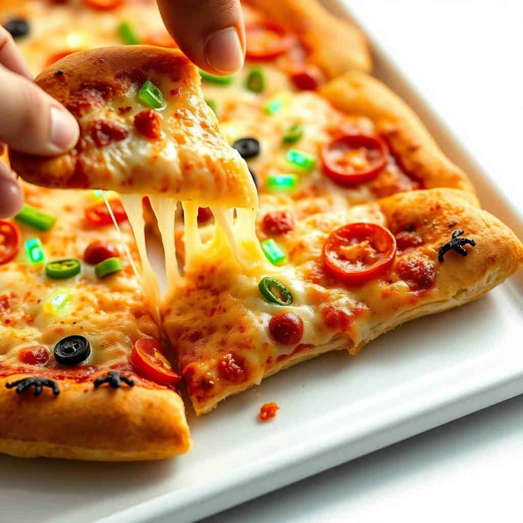 Melted cheese stretches from a slice of pizza topped with red peppers, green onions, and black olives on white plate.