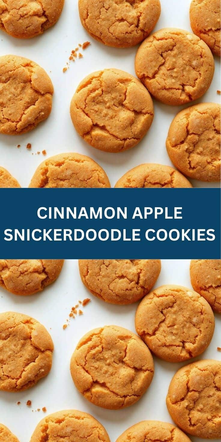Golden cinnamon apple snickerdoodle cookies with cracked tops arranged on white surface.
