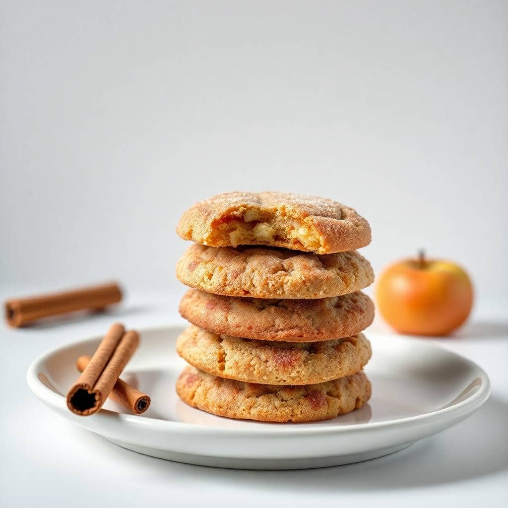Stack of cinnamon apple snickerdoodle cookies on white plate with cinnamon sticks and small apple.