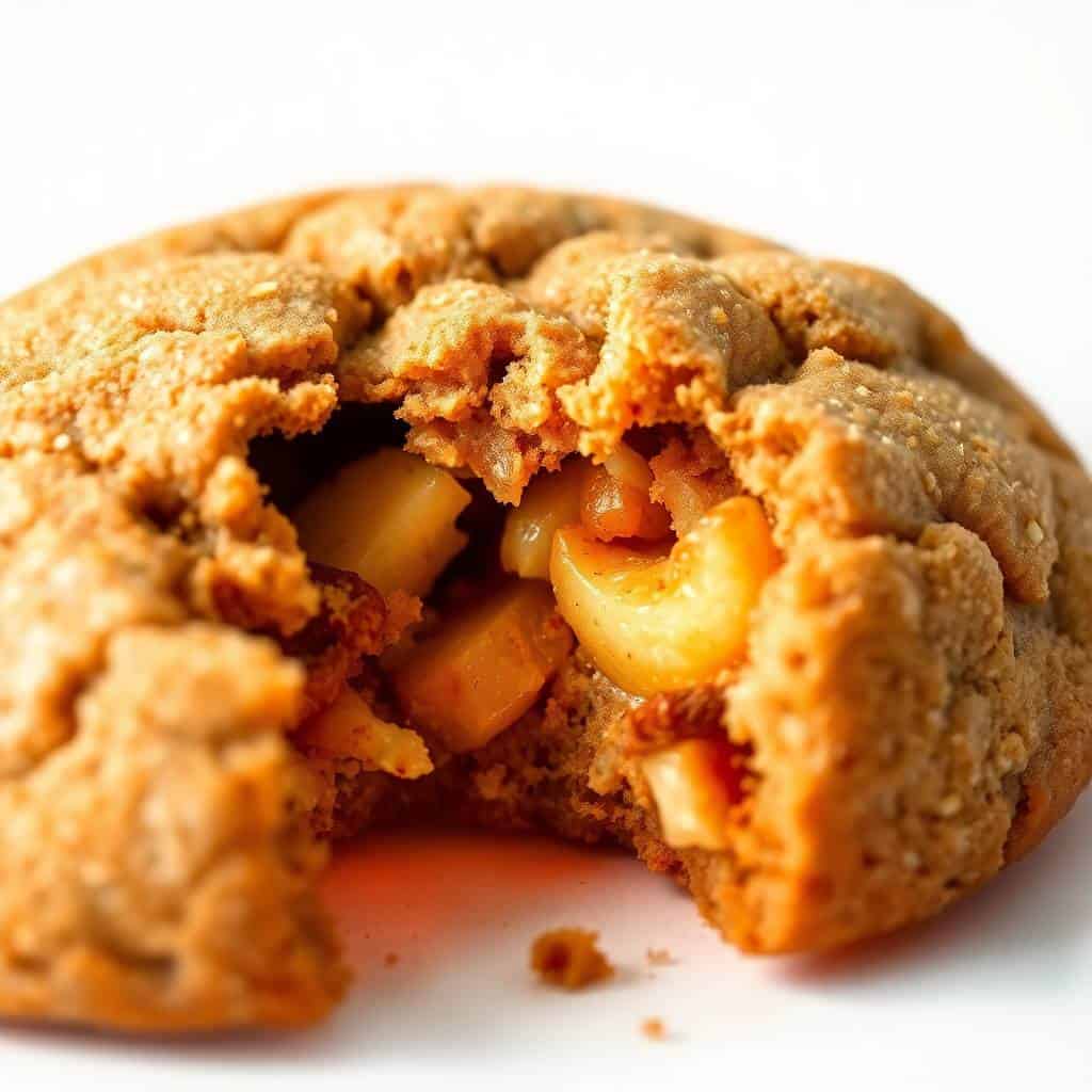 Cinnamon apple snickerdoodle cookie broken open, revealing spiced apple filling inside, with crumb texture visible.