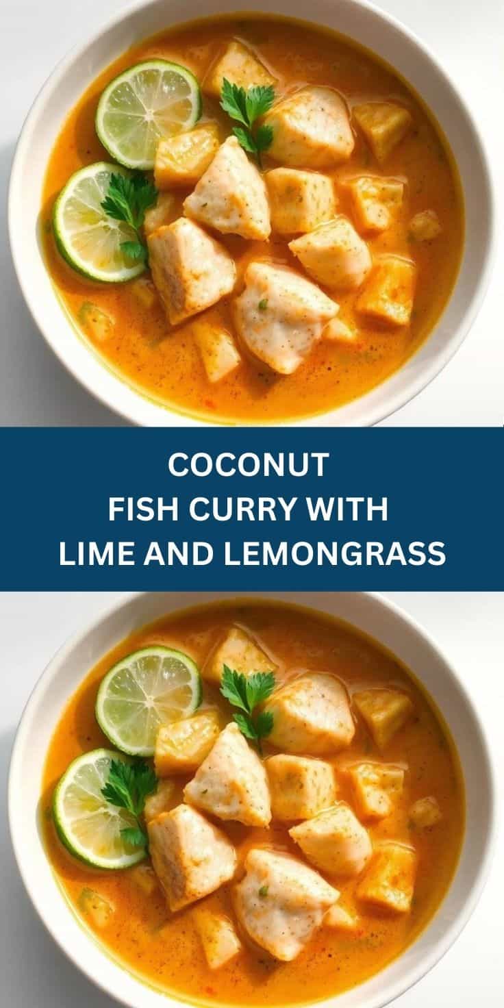 Two bowls of coconut fish curry with chunks of white fish, golden broth, lime slices, and cilantro garnish.