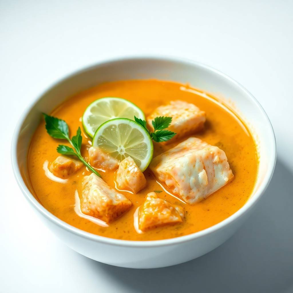 Coconut fish curry in white bowl, garnished with lime slice and cilantro, golden-orange broth with salmon pieces.