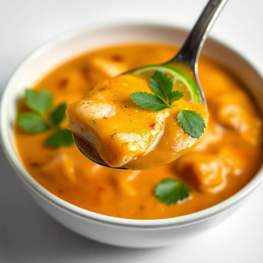 Spoon lifting creamy orange coconut fish curry garnished with cilantro and lime in white bowl.