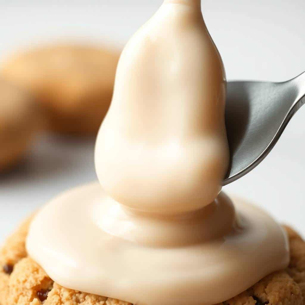 Smooth white icing being piped onto a cookie with a metal spoon, dripping decoratively.