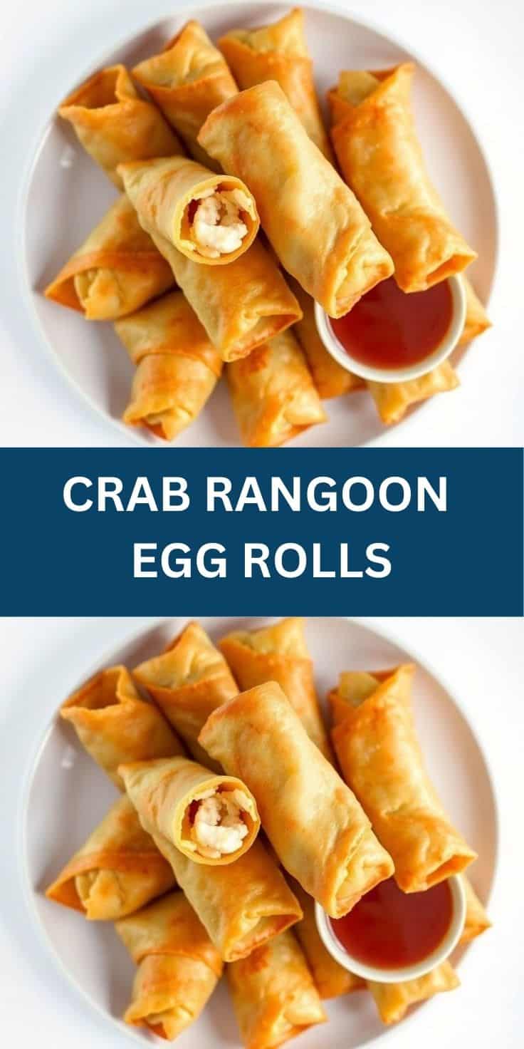 Golden-fried crab rangoon egg rolls arranged on white plate with sweet and sour dipping sauce.