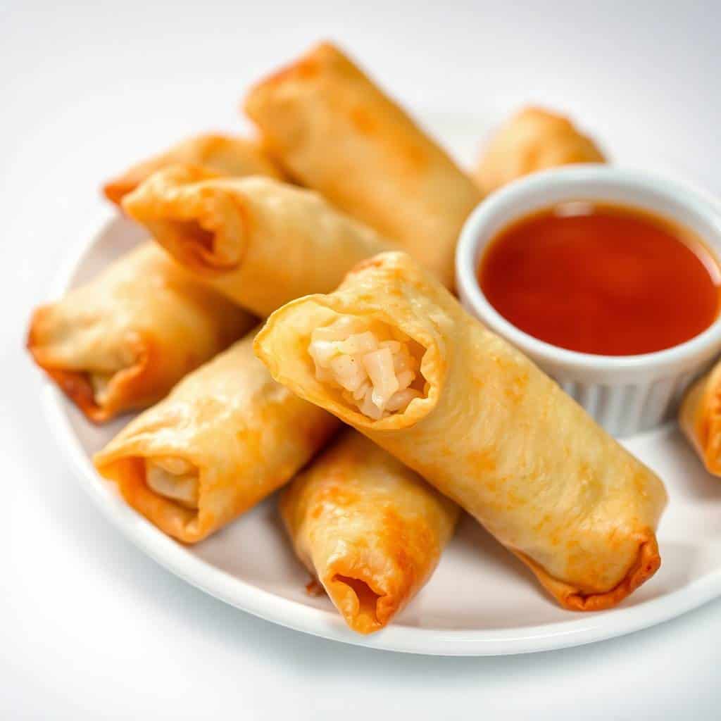 Crispy golden crab rangoon egg rolls on white plate with red dipping sauce.