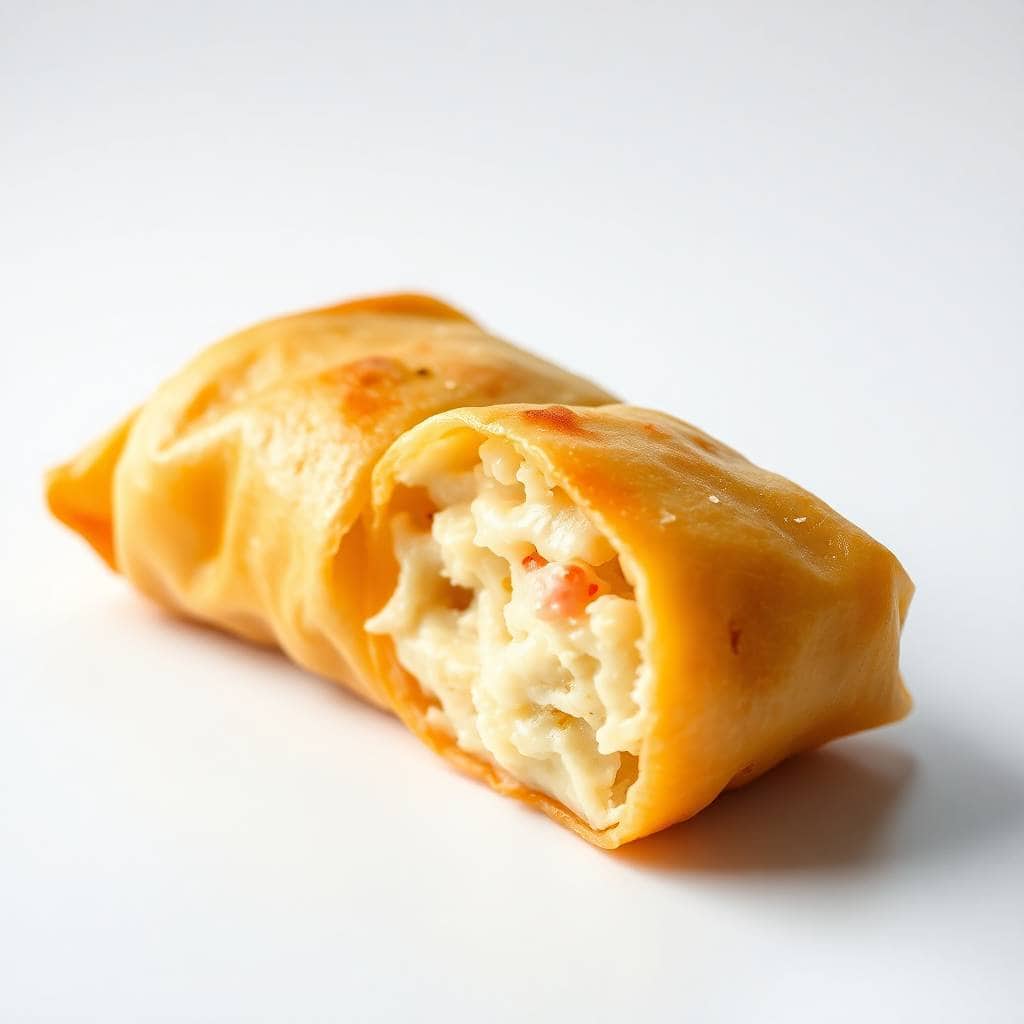 Crispy golden crab rangoon egg roll cut in half, revealing creamy filling with visible crab and red pepper pieces.