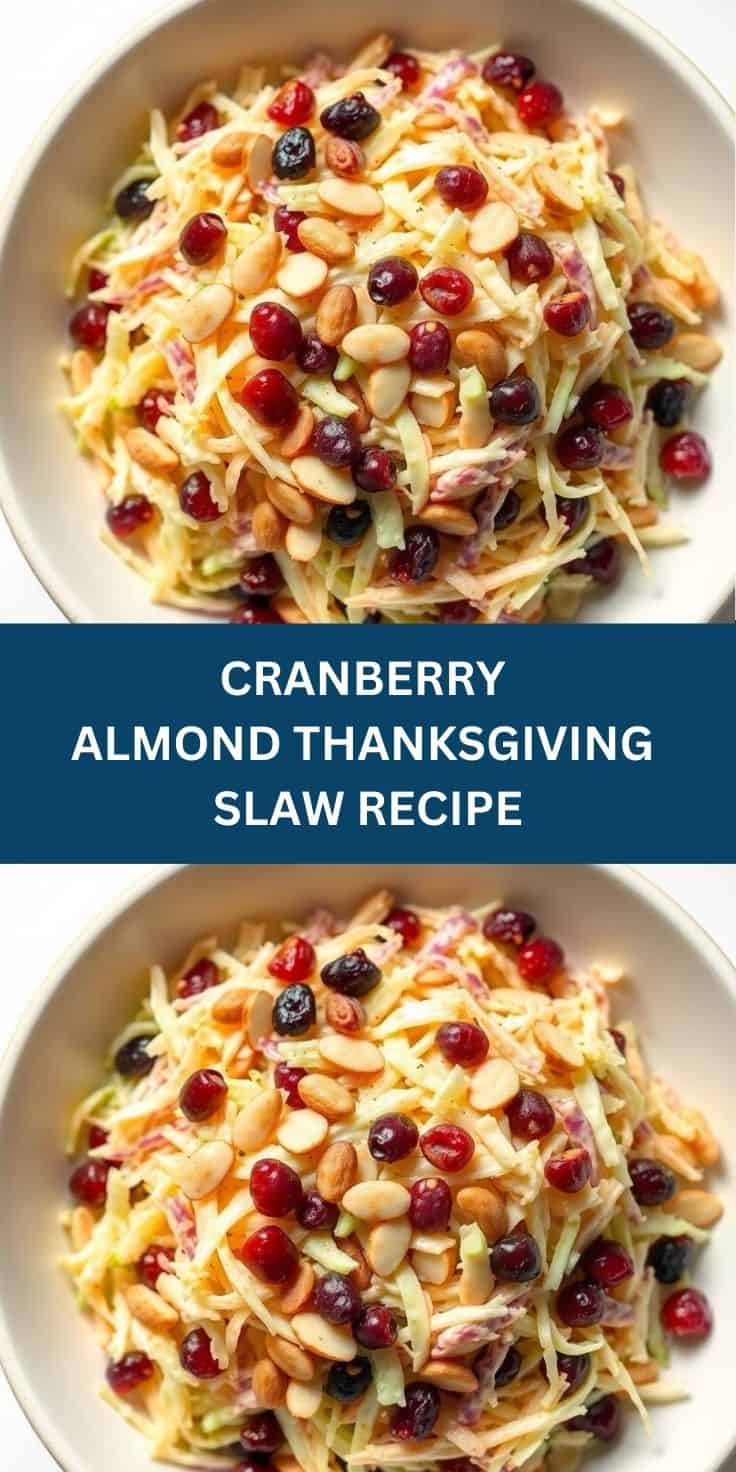 Cranberry almond Thanksgiving slaw with shredded cabbage, sliced almonds, and tart berries on white plate.