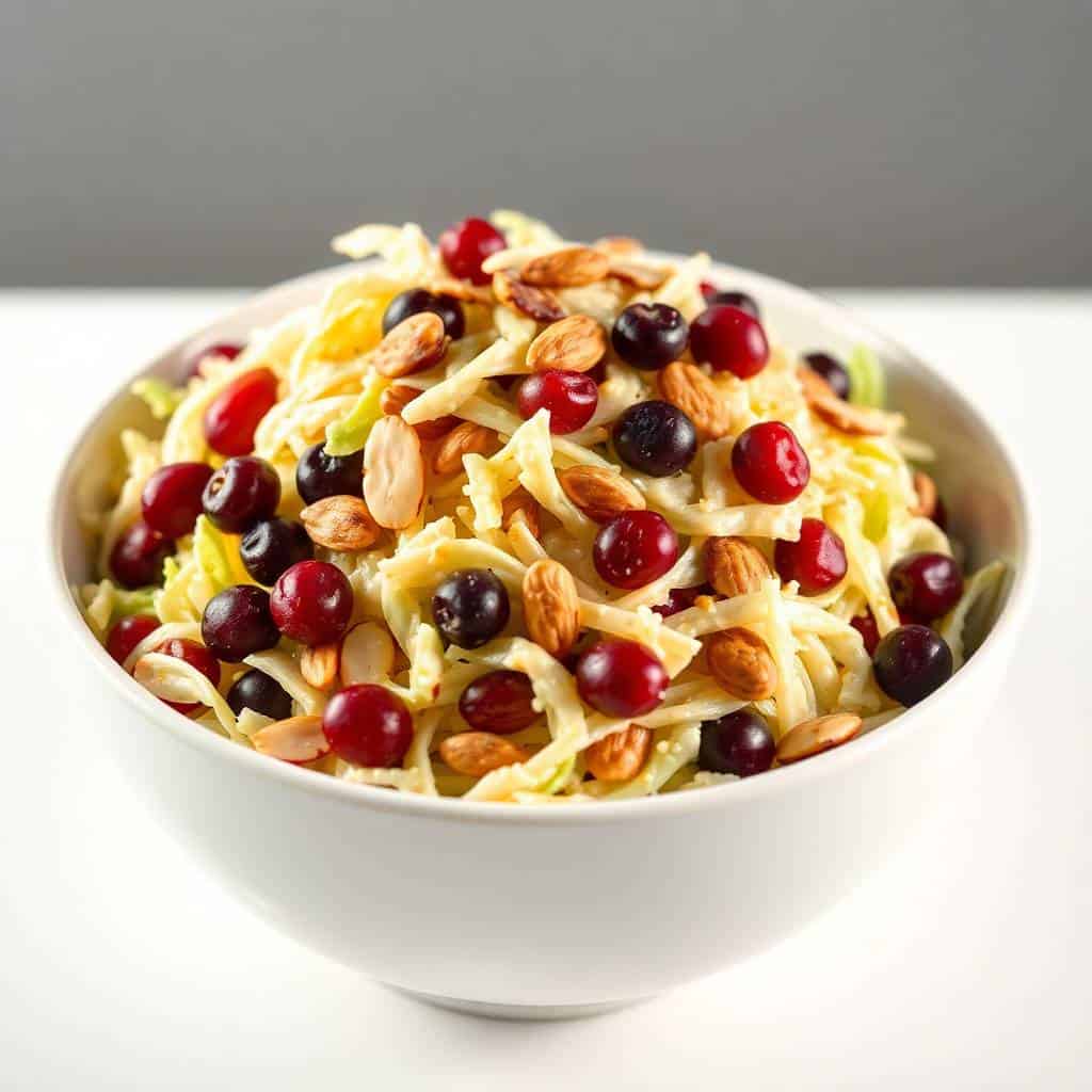 Cranberry almond slaw with shredded cabbage, red currants, and sliced almonds in a white bowl.