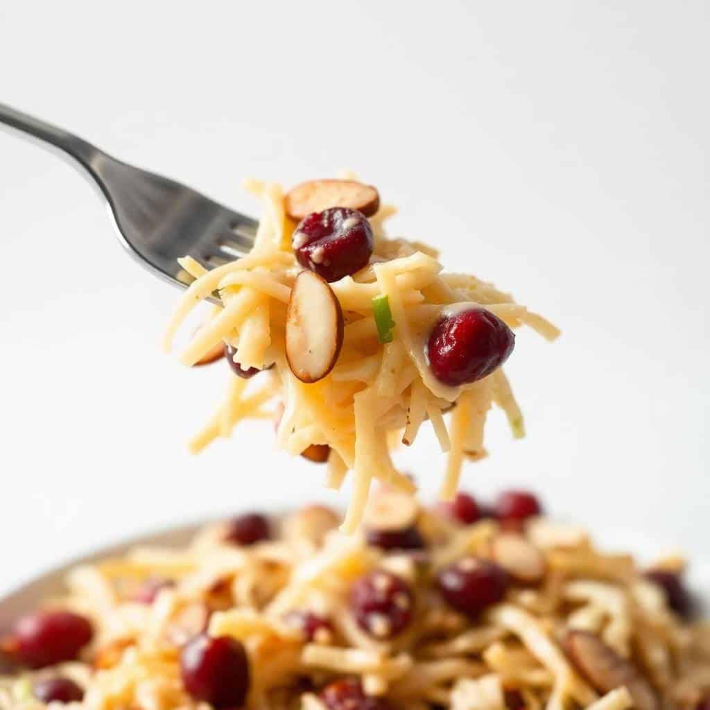 Fork lifting cranberry almond slaw with shredded cabbage, red cranberries, and sliced almonds against white background.