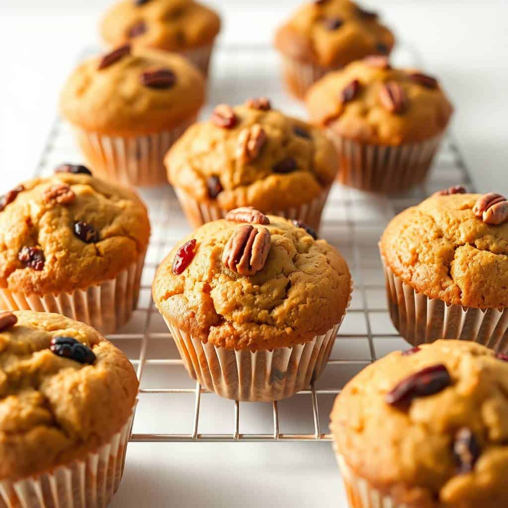 Cranberry, orange, and pecan muffins cooling on wire rack with pecan halves on top.