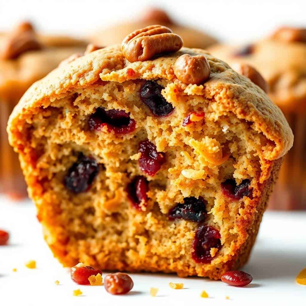 Cranberry, orange and pecan muffin with visible berries and nuts, golden-brown crumb texture.