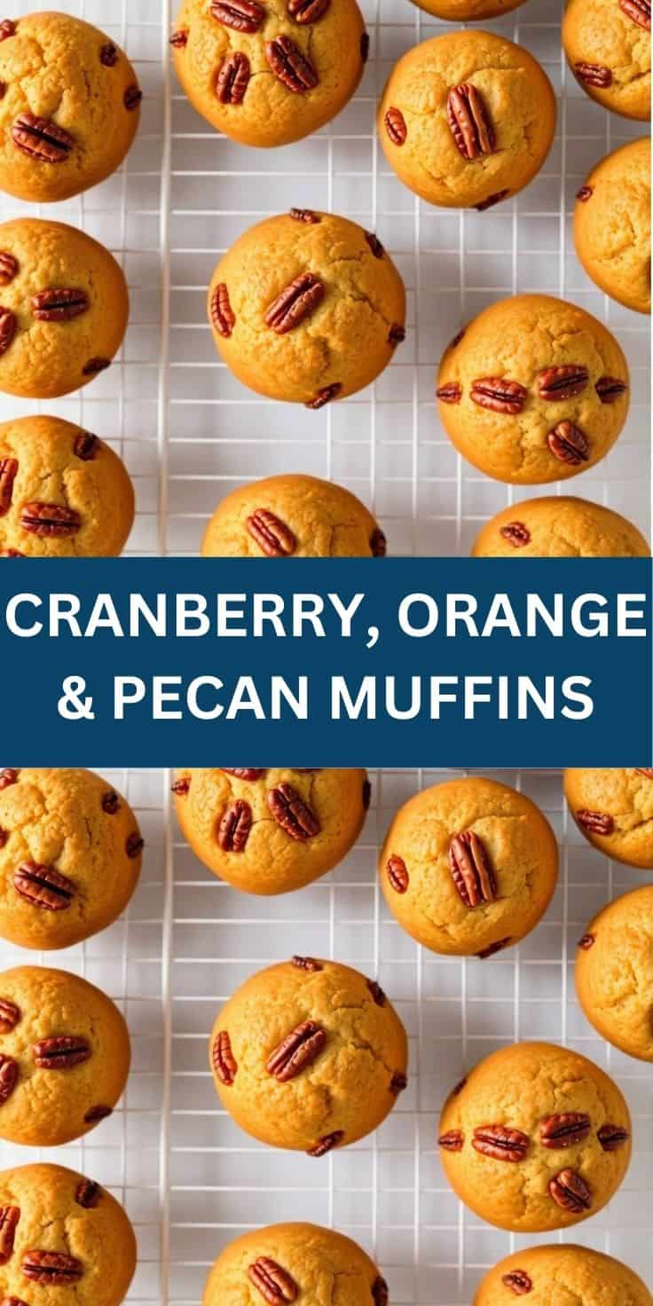 Golden cranberry, orange and pecan muffins cooling on a white wire rack.