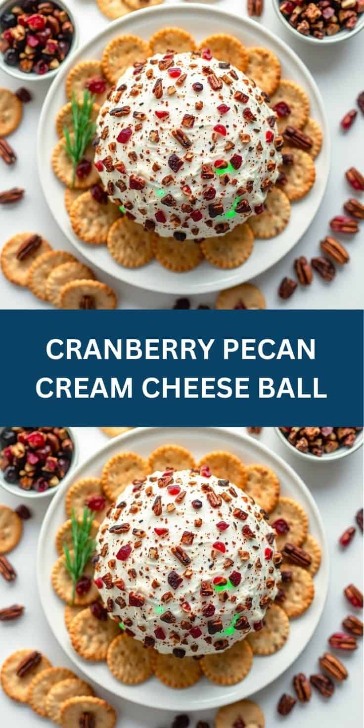 Cranberry pecan cream cheese ball coated with nuts and dried fruit, surrounded by crackers on white plate.