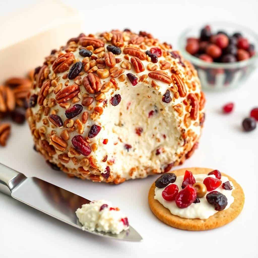 Cranberry pecan cream cheese ball coated with nuts, topped with berries, served with crackers and knife.