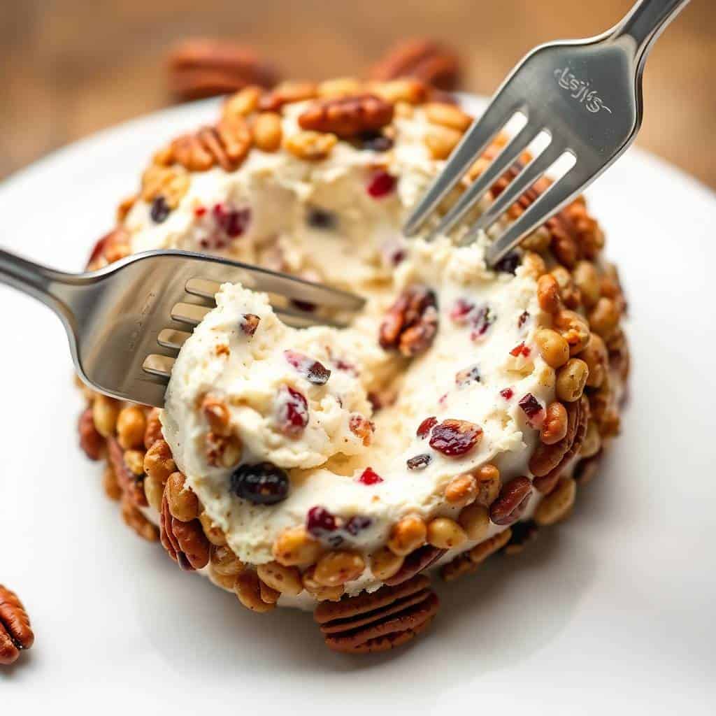 Cranberry pecan cream cheese ball with white frosting and dried fruit garnish on white plate with fork.