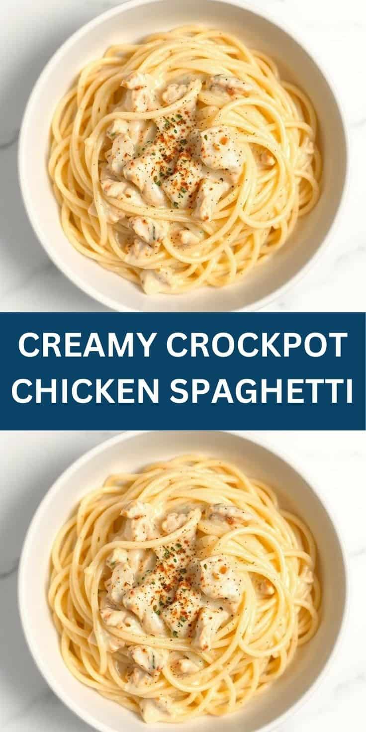 Two bowls of creamy crockpot chicken spaghetti topped with black pepper seasoning.