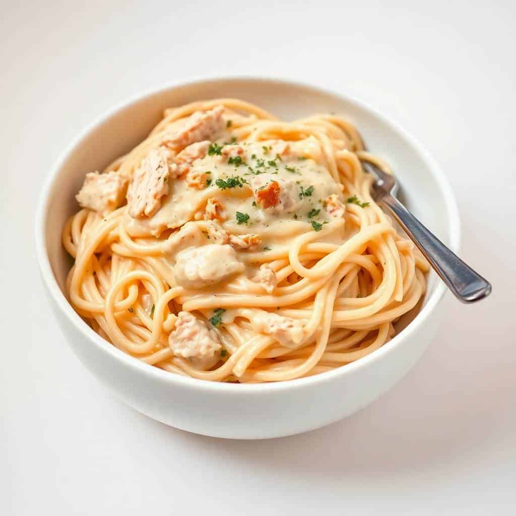 Creamy crockpot chicken spaghetti in white bowl, garnished with parsley and croutons, with fork.