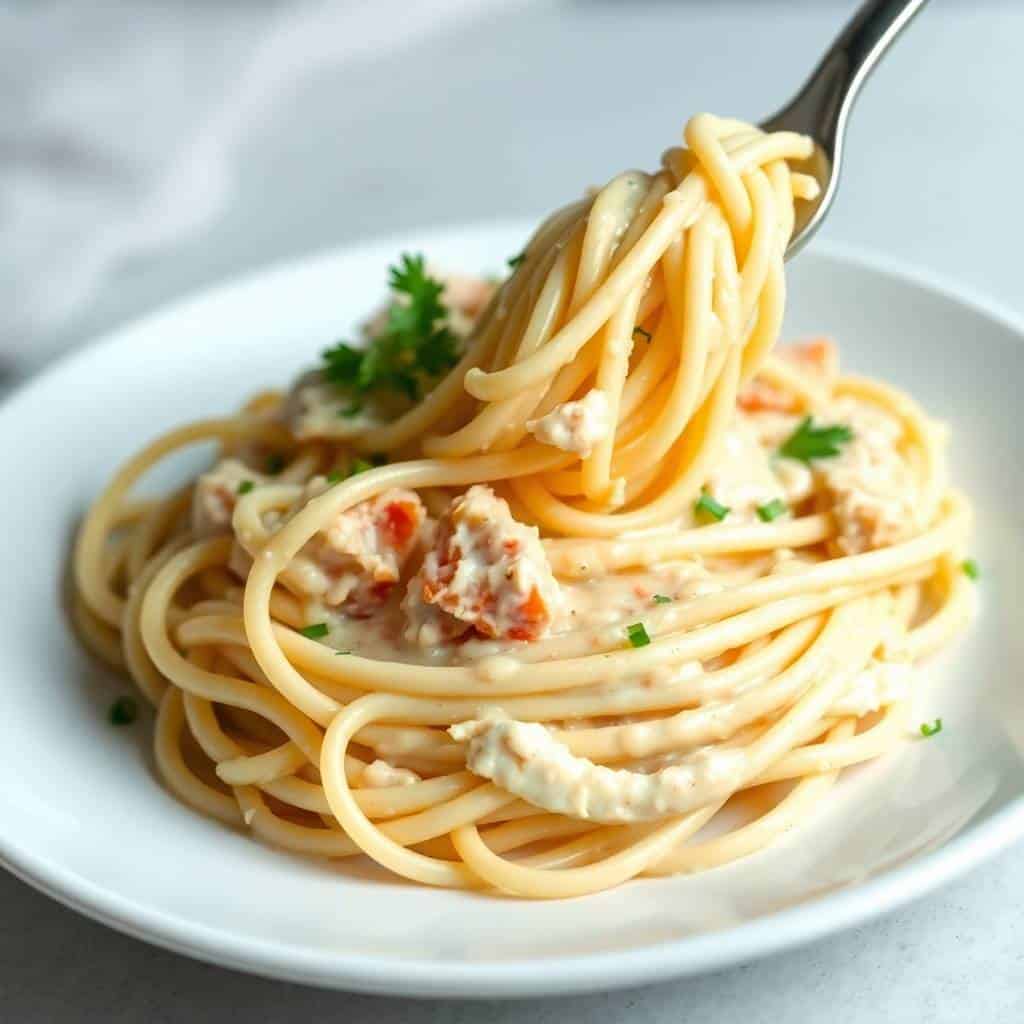 Creamy chicken spaghetti on white plate with fresh parsley garnish, fork lifting pasta strands.