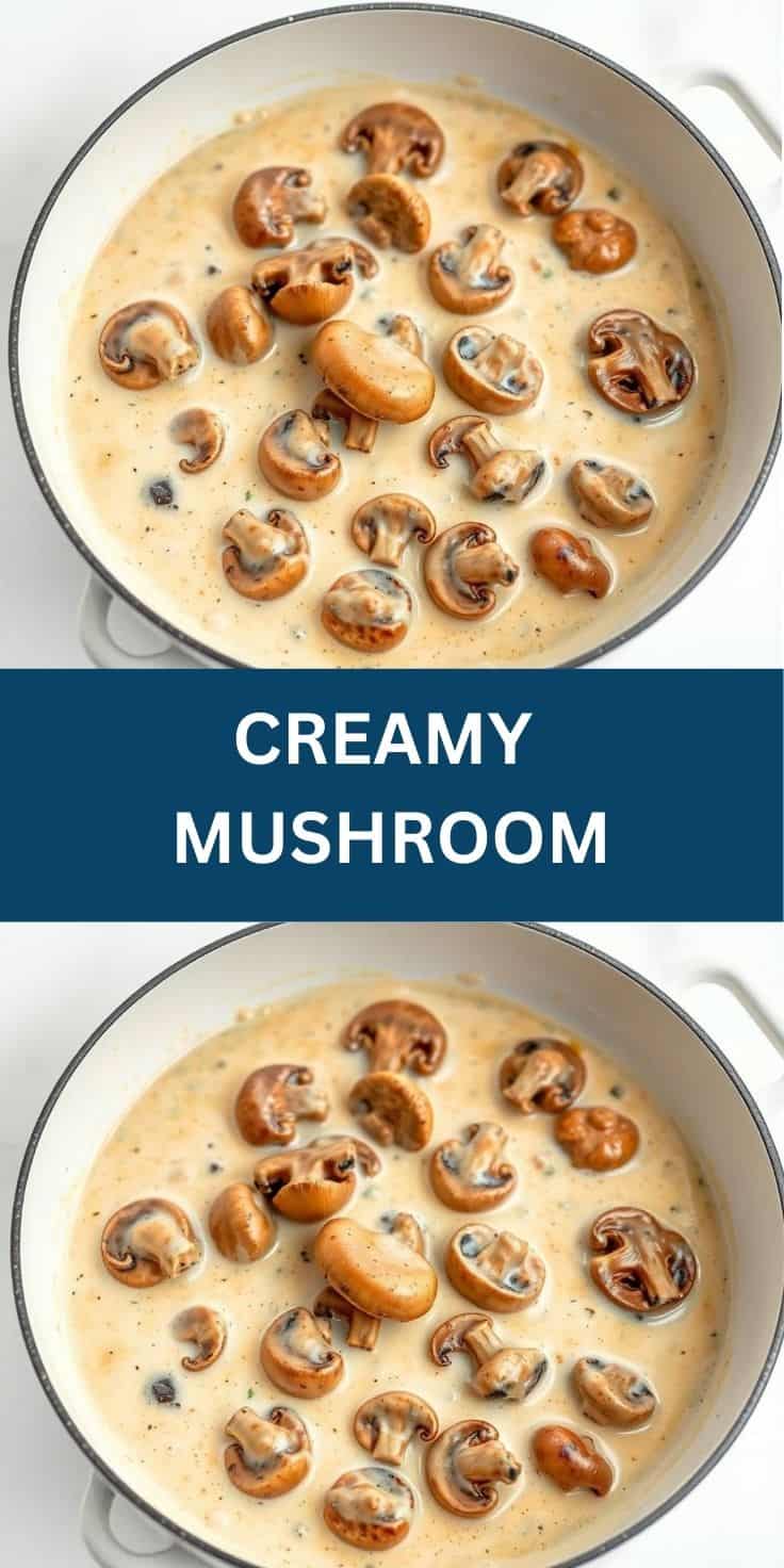 Creamy mushroom sauce with sliced mushrooms in white enameled pot, garnished with black pepper.