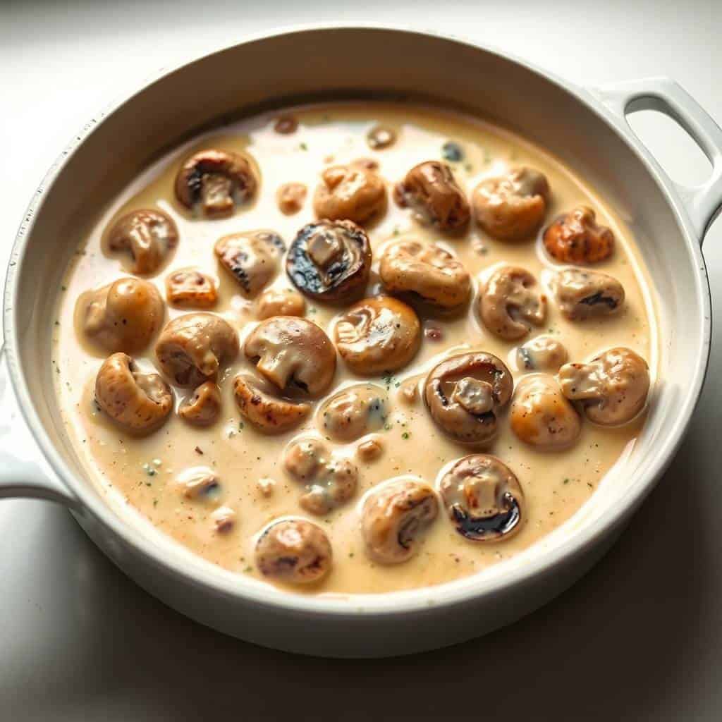 Creamy mushroom sauce with sautéed mushrooms in white Dutch oven, garnished with black pepper.